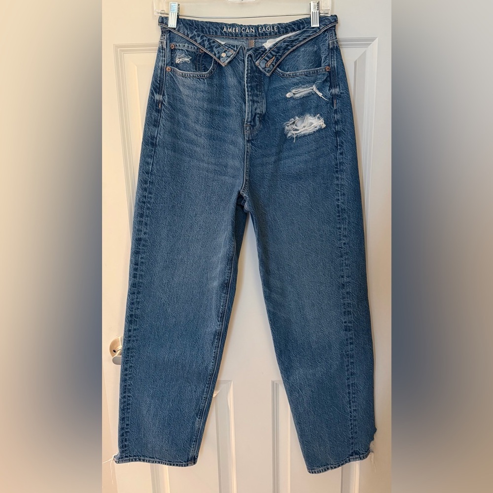 American Eagle Foldover High Waist Straight Leg Jeans, Distressed Blue, 8 Short